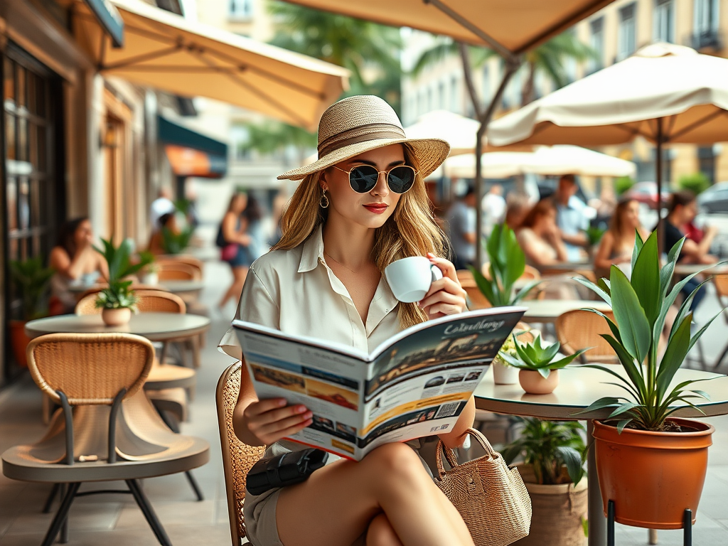 Une femme stylée lit un magazine en buvant un café, assise en terrasse sous des parasols. Palmier en arrière-plan.