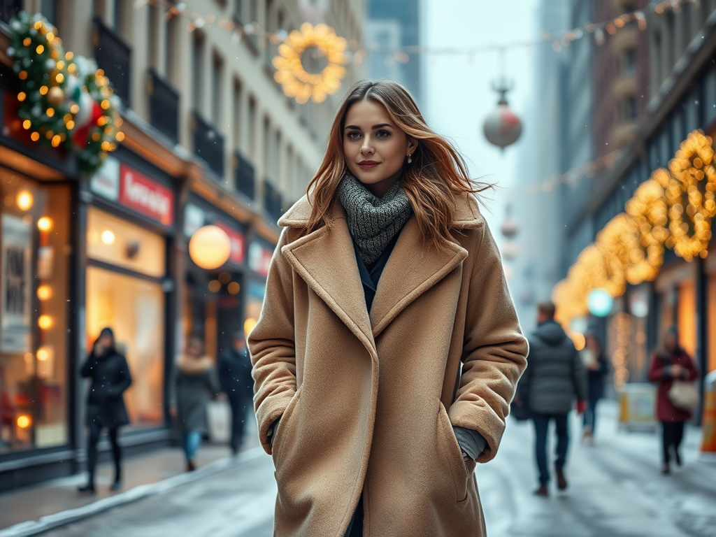 Une femme portant un manteau beige et une écharpe marche dans une rue festive décorée pour les fêtes.