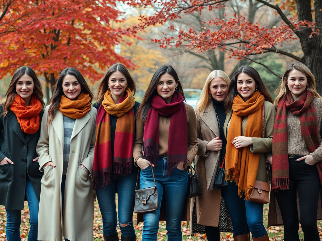 Sept femmes souriantes portant des écharpes colorées, entourées par des feuilles d'automne lumineuses.