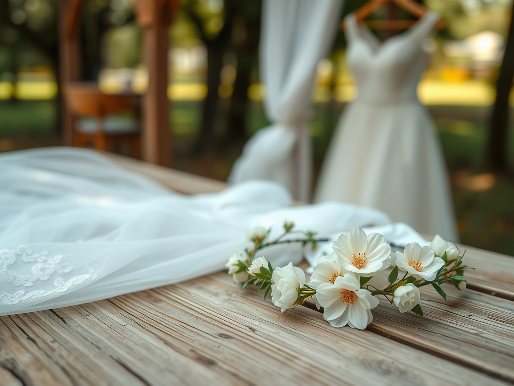 Une couronne de fleurs blanches posée sur une table en bois, avec une robe de mariée floue en arrière-plan.