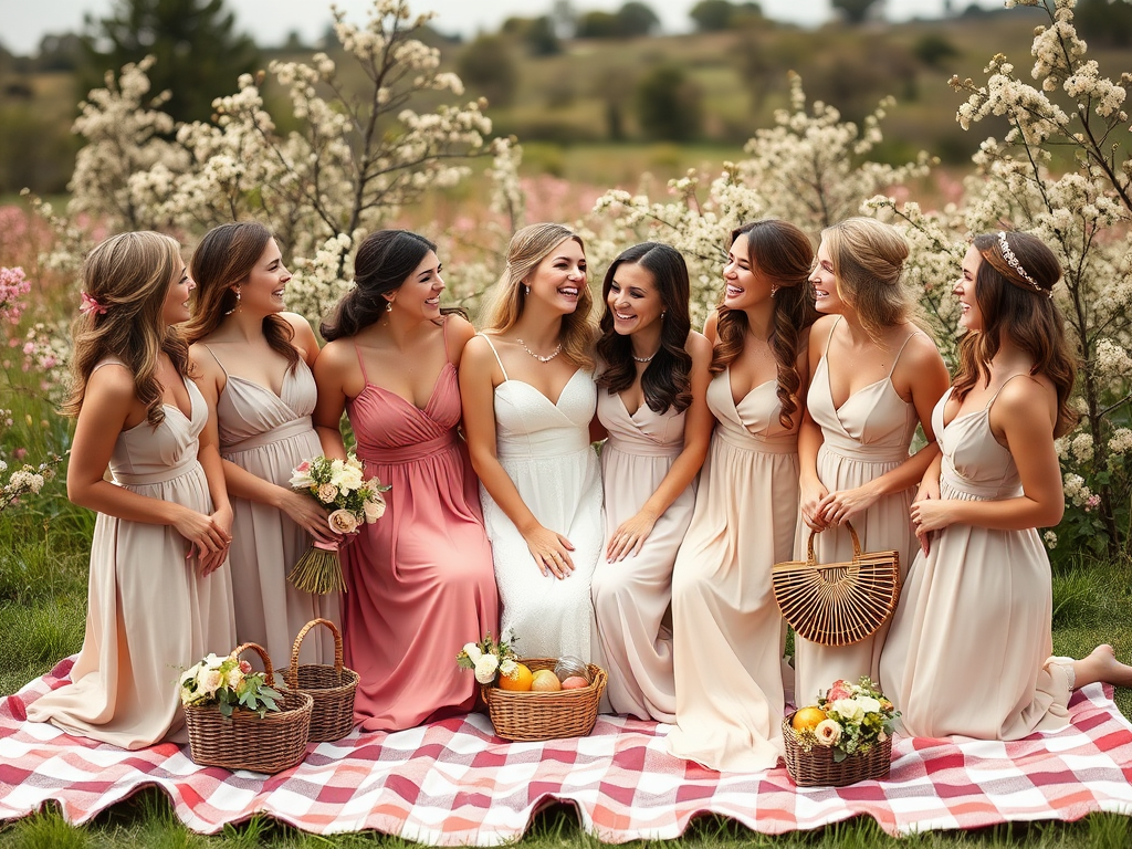 Un groupe de sept femmes en robes pastel sourient joyeusement dans un champ fleuri, assises sur une couverture à carreaux.