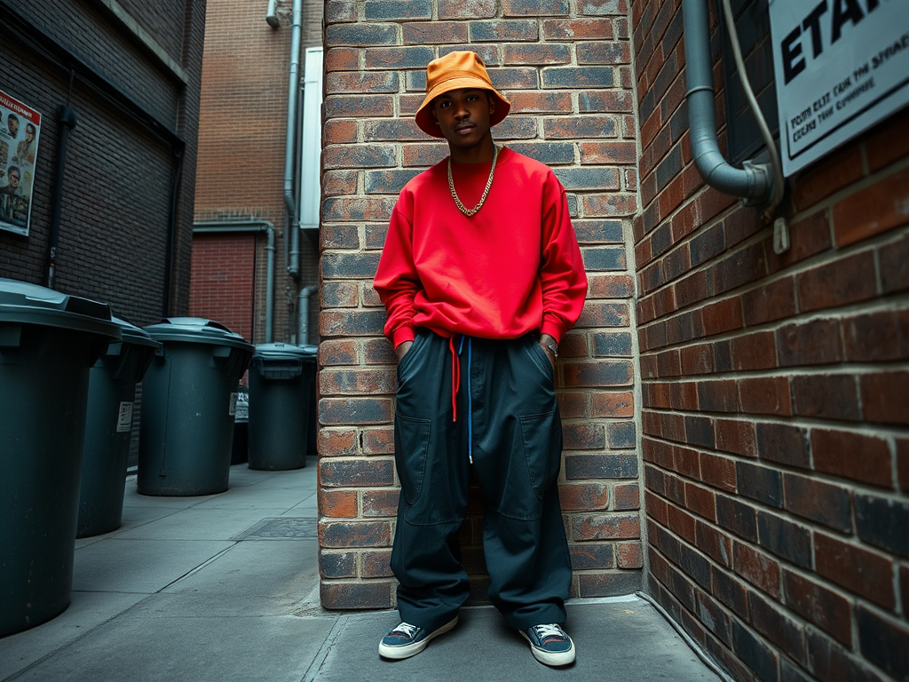 Un jeune homme portant un sweat rouge et un chapeau orange pose près d'un mur de briques, entouré de poubelles.