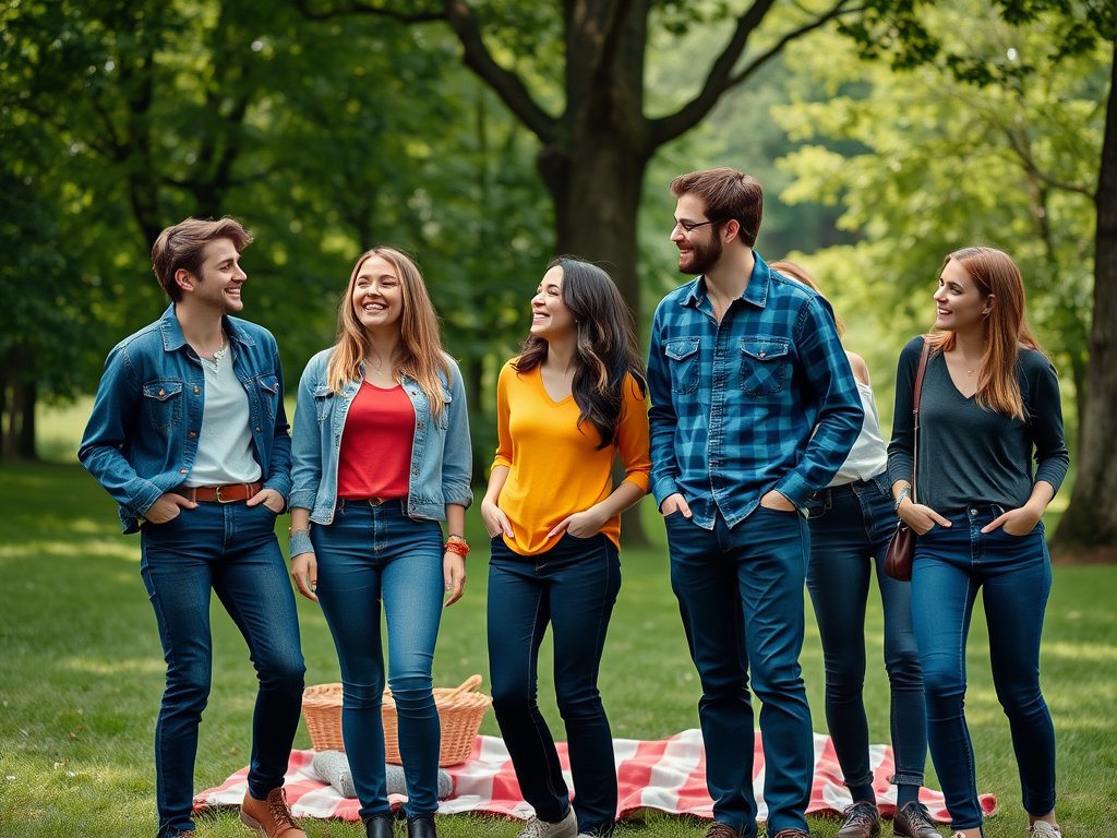 Un groupe d'amis souriants se tient dans un parc verdoyant, près d'un pique-nique sur l'herbe.