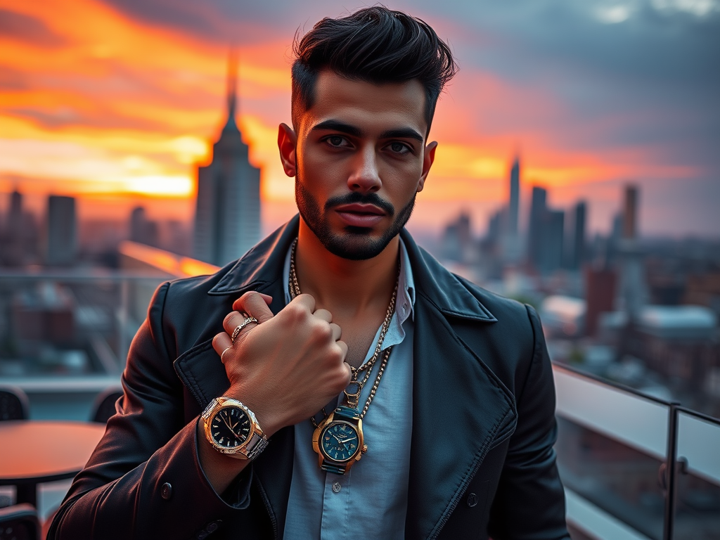 Un homme stylé porte deux montres, avec un coucher de soleil et une ville moderne en arrière-plan.