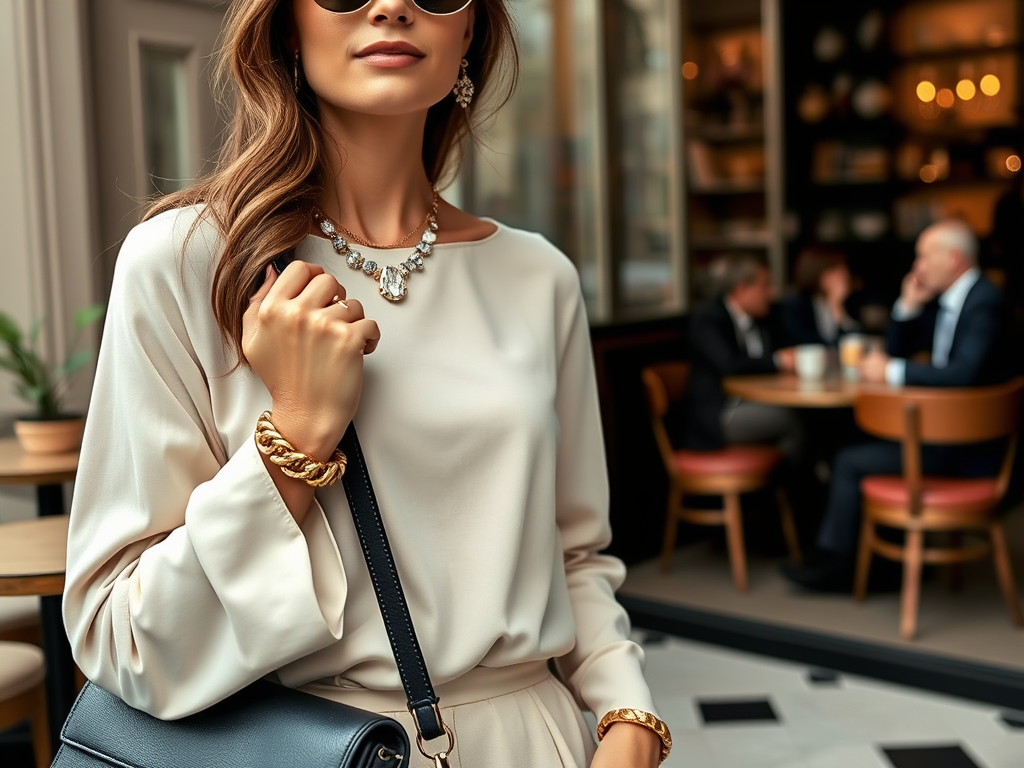 Femme élégante portant des lunettes de soleil, un bijou scintillant et un sac à main, dans un café animé.