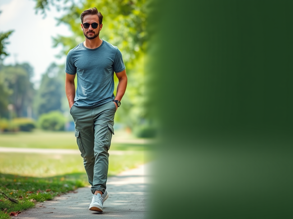 Un homme marche dans un parc, vêtu d'un t-shirt gris et de pantalons cargo, avec des lunettes de soleil.