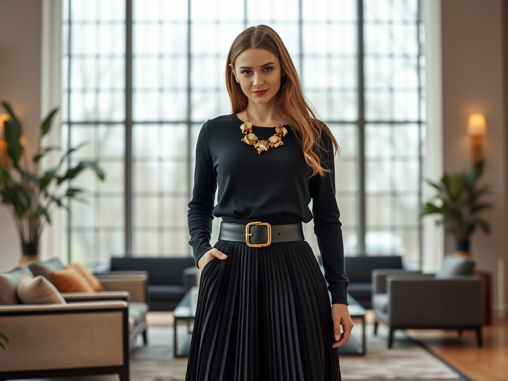 Une femme élégante porte un pull noir et une jupe plissée, avec un collier doré, dans un intérieur moderne.