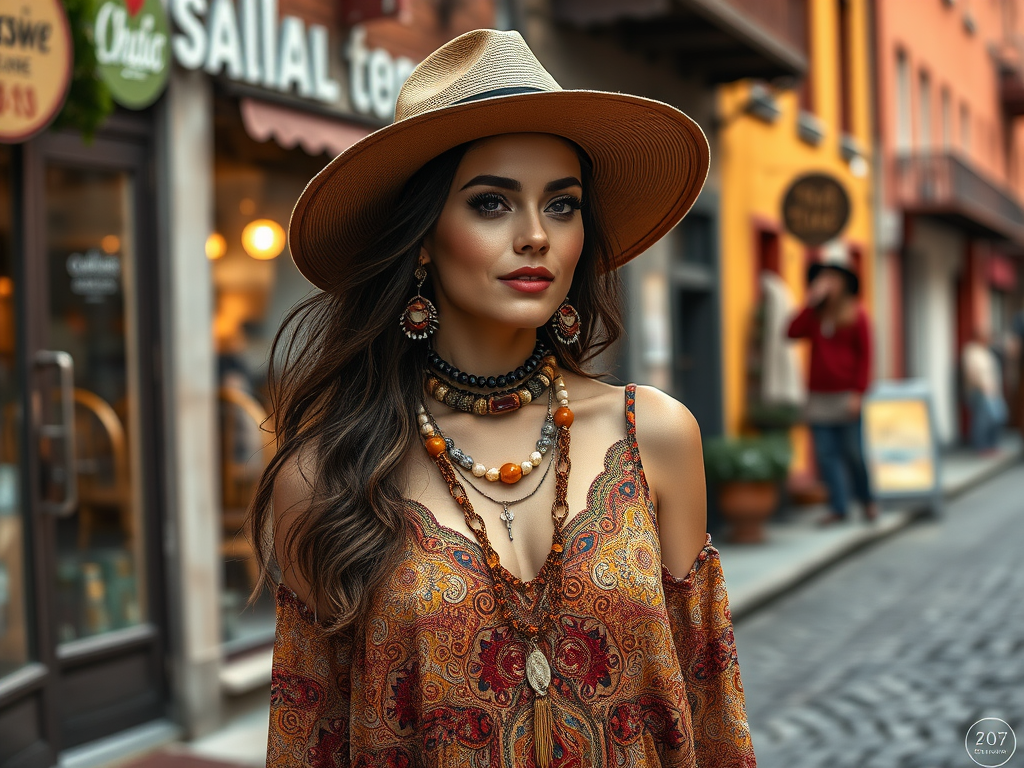 Une femme au chapeau élégant porte un vêtement coloré, posant dans une rue animée avec des boutiques en arrière-plan.