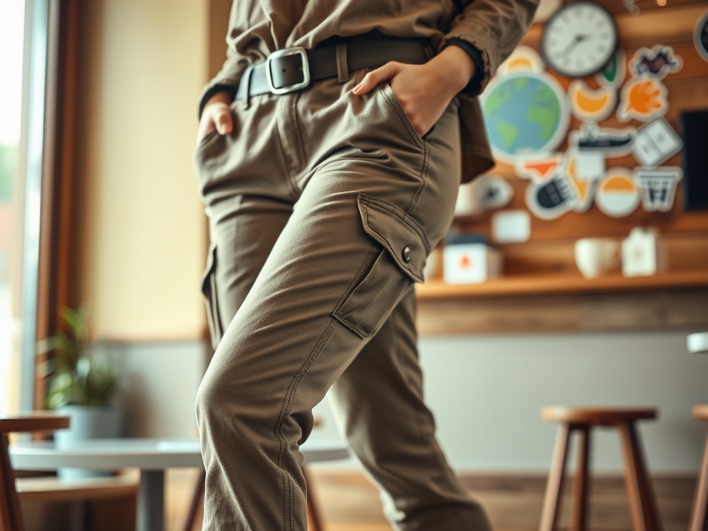 Une personne en pantalon cargo beige se tient avec les mains dans les poches, dans un café au décor moderne.