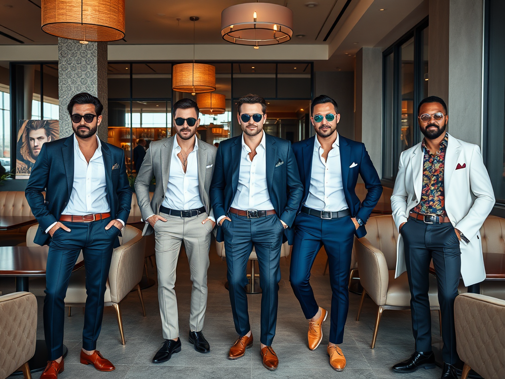 Cinq hommes élégamment habillés posent dans un restaurant moderne, affichant des lunettes de soleil et des styles variés.