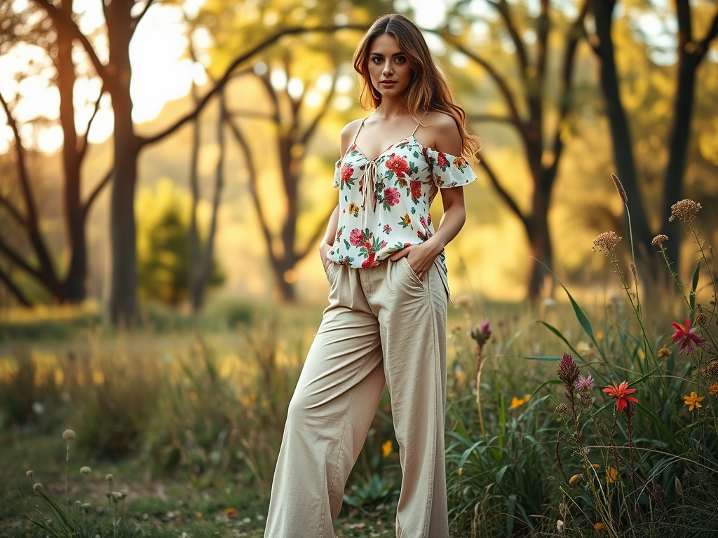 Femme debout dans un champ fleuri, portant un haut à fleurs et un pantalon beige, éclairée par la lumière dorée.