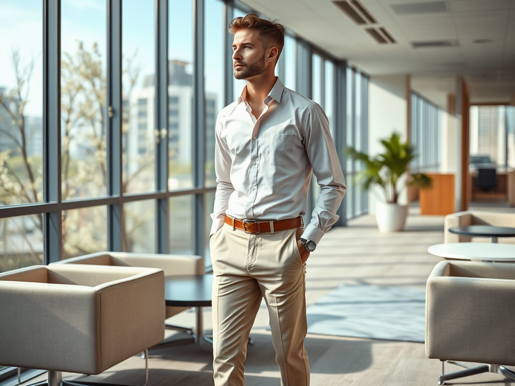 Un homme en chemise blanche et pantalon beige se tient près de grandes fenêtres dans un bureau moderne.