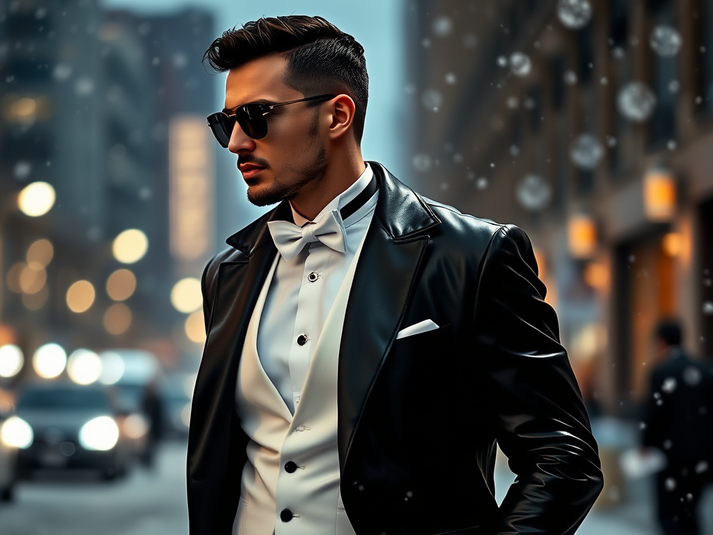 Un homme au style élégant, portant un smoking noir et des lunettes, se tient dans une rue enneigée.