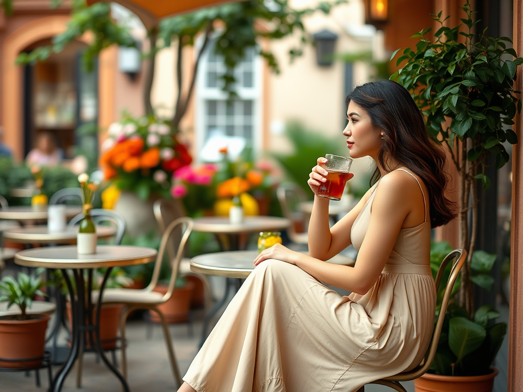 Une femme sirotant une boisson dans un café extérieur, entourée de plantes et de fleurs colorées.