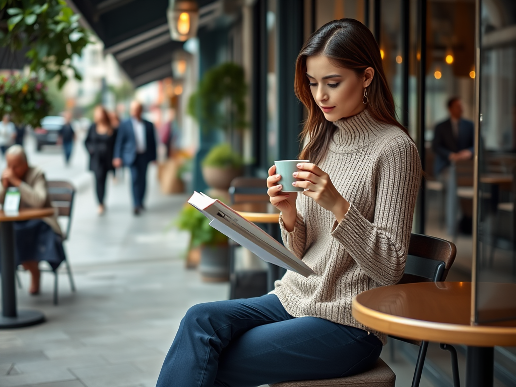 Une jeune femme assise dans un café lit un livre tout en dégustant une tasse de café, les rues animées en arrière-plan.