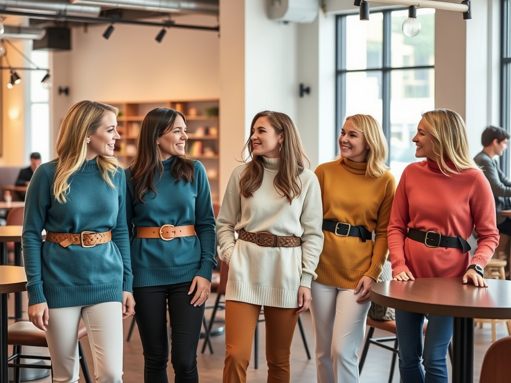 Cinq femmes souriantes portent des pulls colorés et des ceintures, discutant dans un café lumineux.