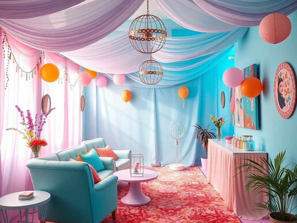 Un salon coloré avec des ballons, des rideaux doux, un canapé turquoise et une décoration festive chaleureuse.