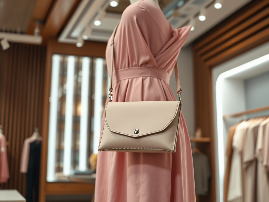 Une robe rose élégante avec un sac à main beige en arrière-plan, dans une boutique moderne.