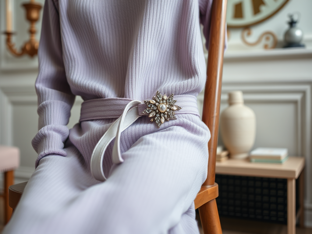 Une personne assise avec un pull violet et une ceinture ornée d'une broche délicate. Décor d'intérieur élégant.