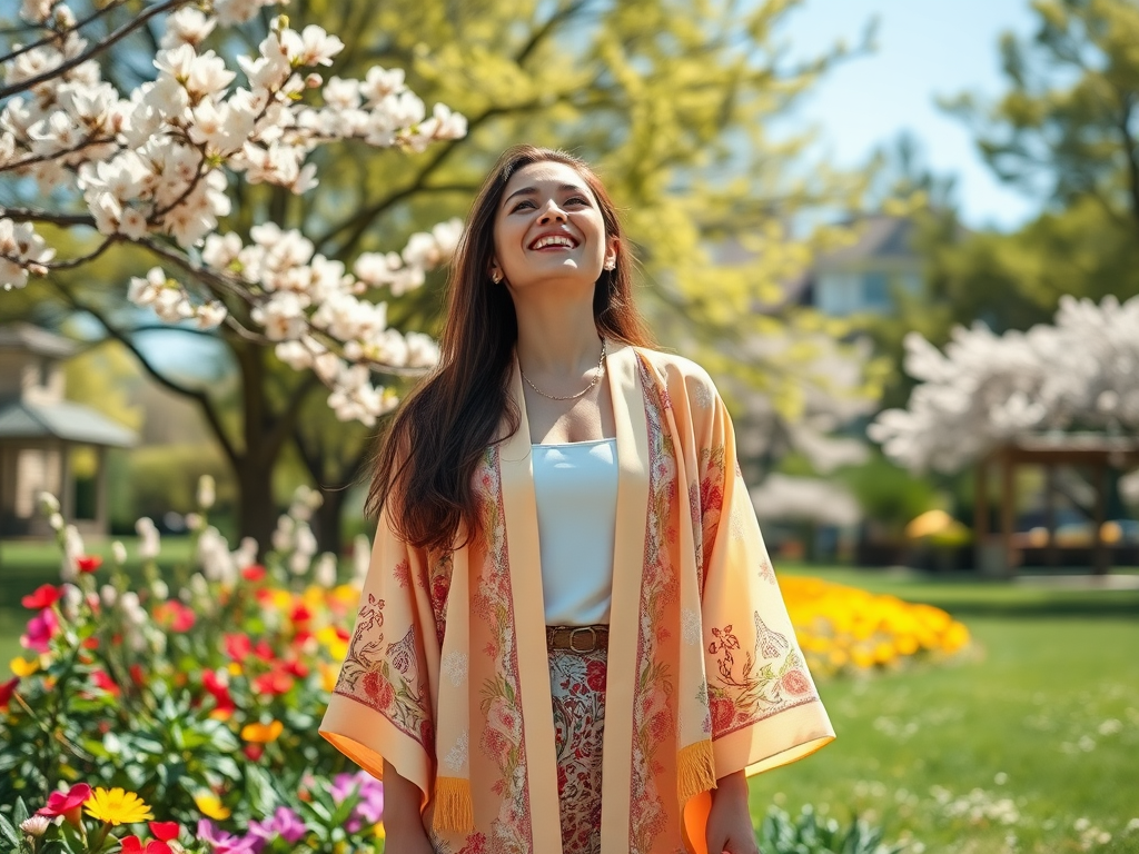 Une femme souriante porte un kimono dans un jardin fleuri au printemps, entourée de cerisiers en fleurs.