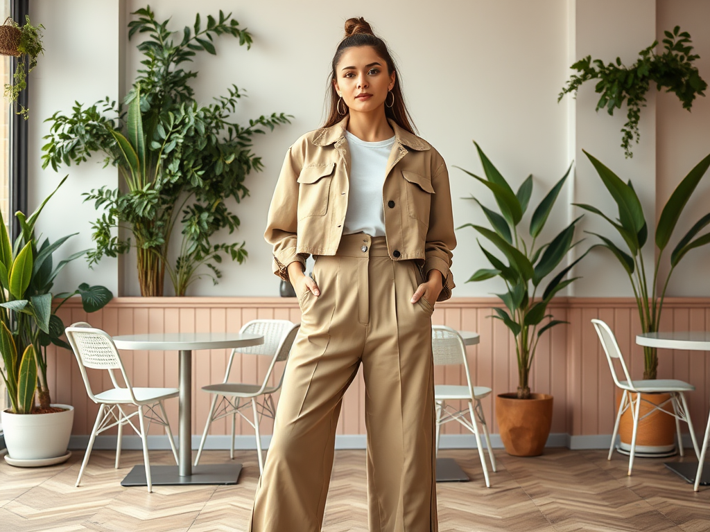 Femme élégante portant un ensemble beige, posant dans un café lumineux avec des plantes verdoyantes en arrière-plan.