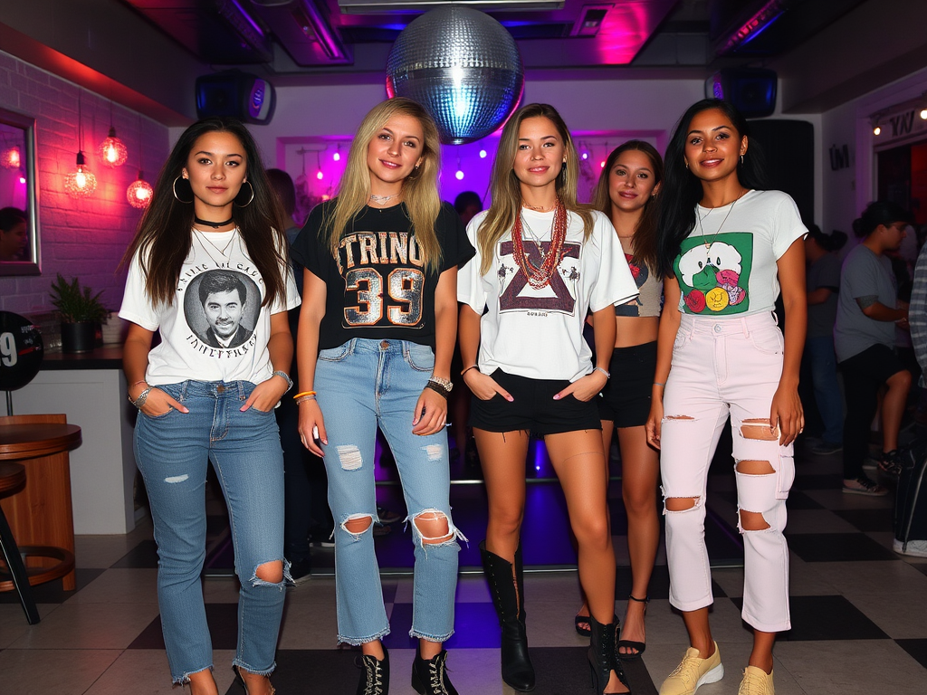 Cinq femmes posent ensemble dans un décor vibrant avec des lumières et un miroir disco. Elles portent des vêtements tendance.