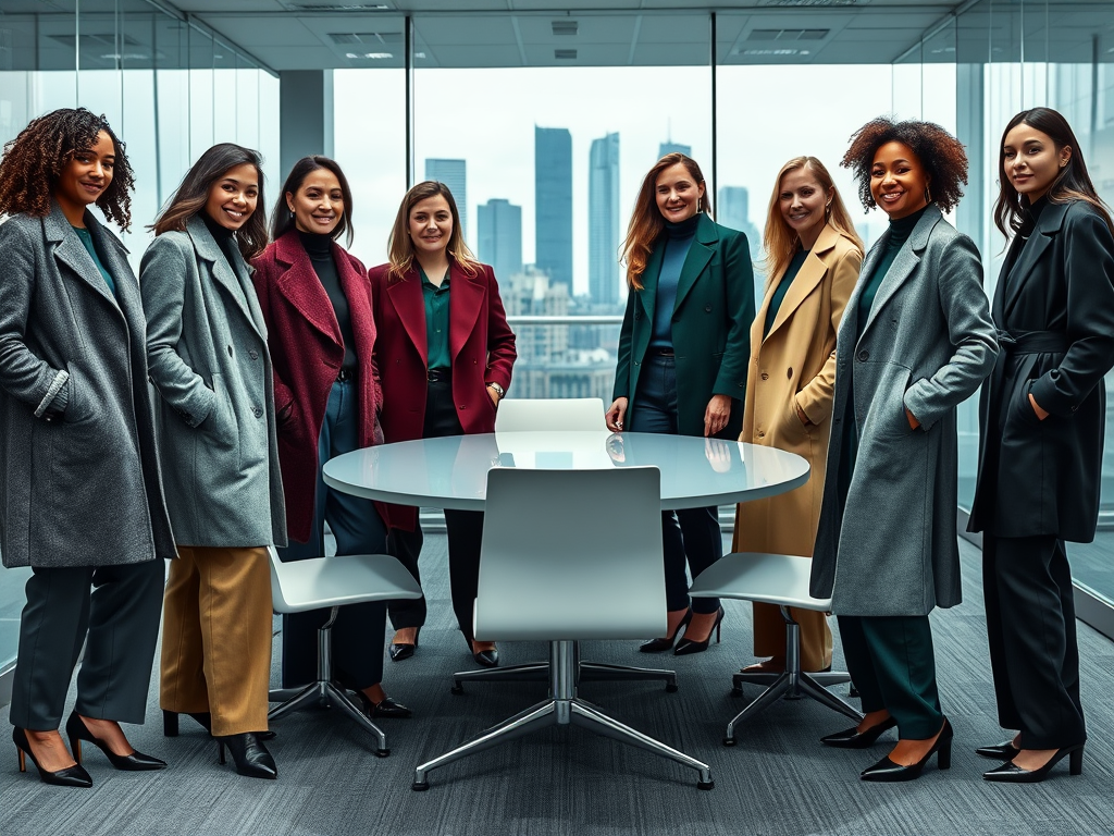 Un groupe de femmes vêtues de manteaux élégants, souriant autour d'une table dans un bureau moderne avec vue sur la ville.